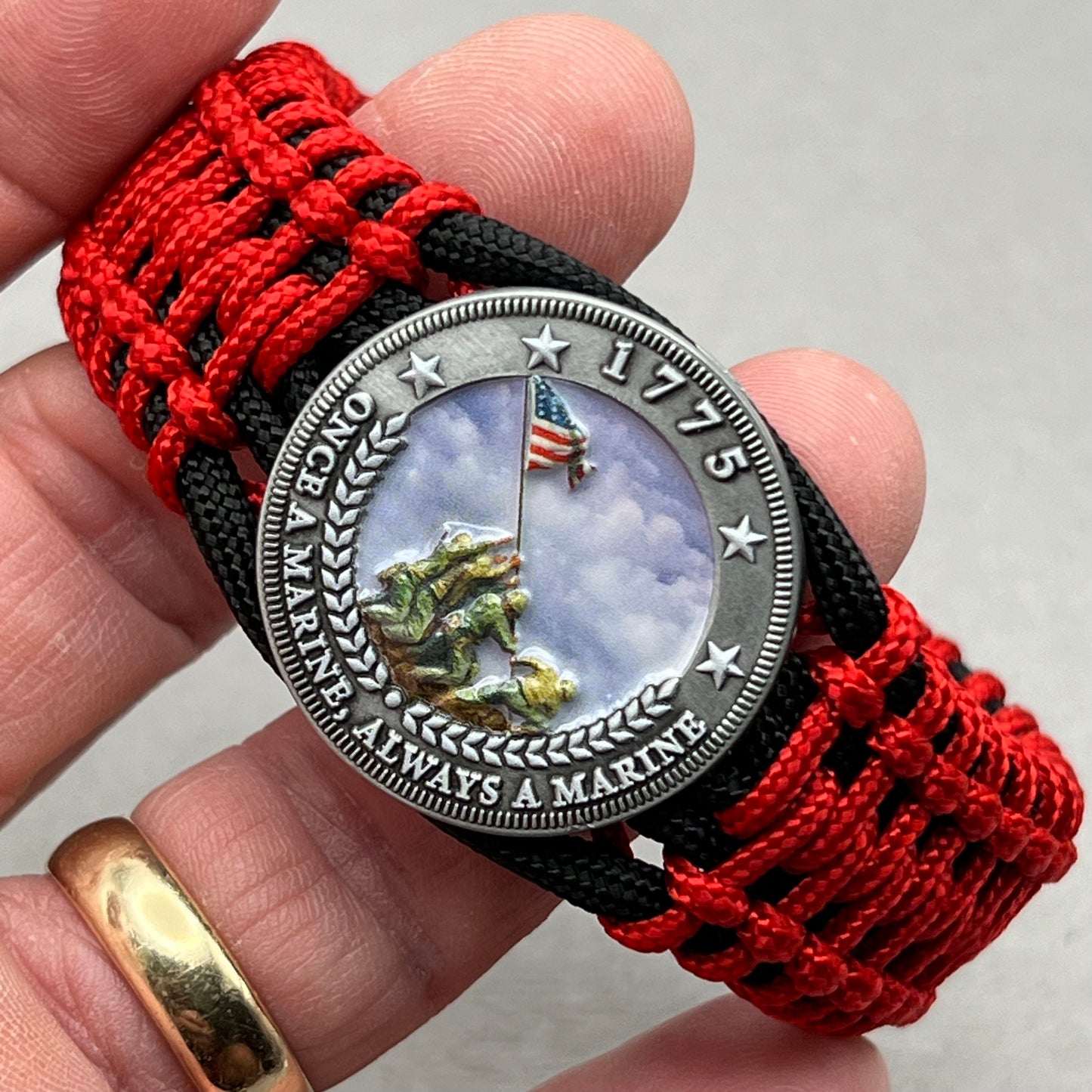 United States Marine Corps Iwo Jima handcrafted paracord bracelet. 3D UV printed injection molded beaded medallion.