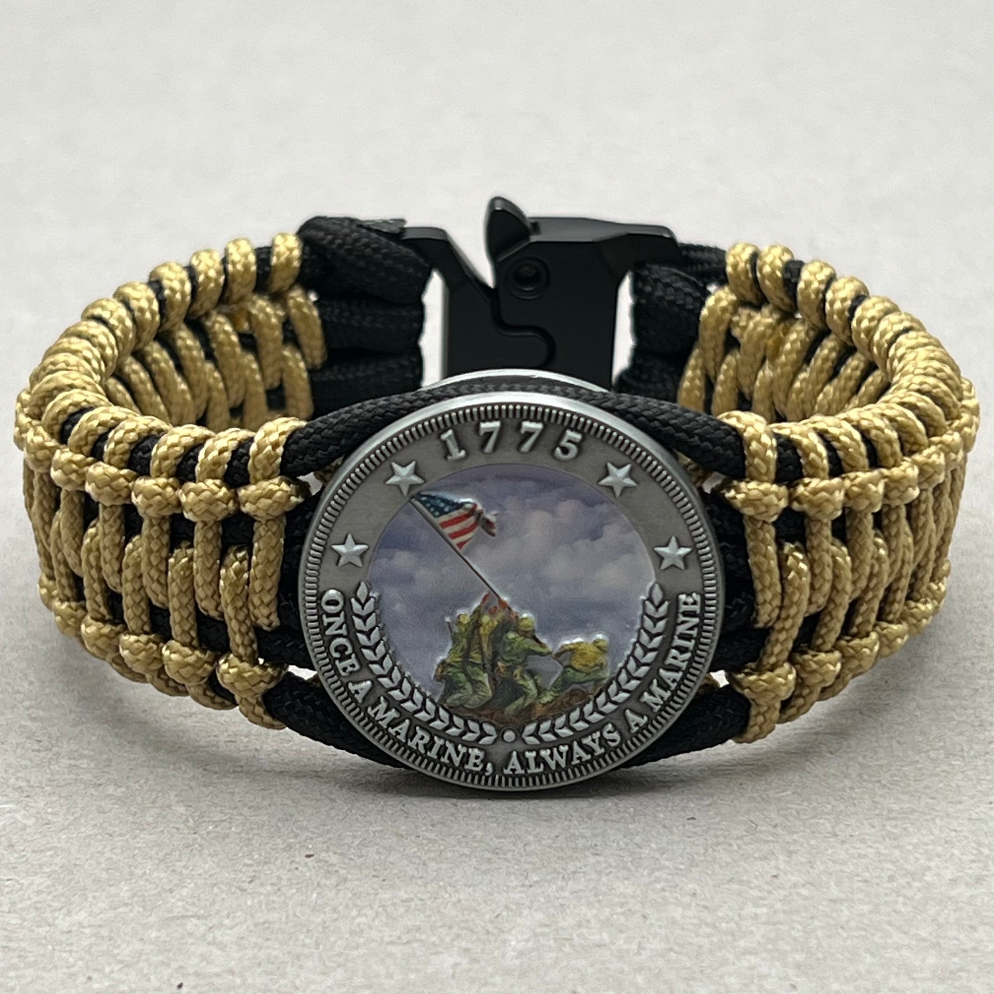 United States Marine Corps Iwo Jima handcrafted paracord bracelet. 3D UV printed injection molded beaded medallion.