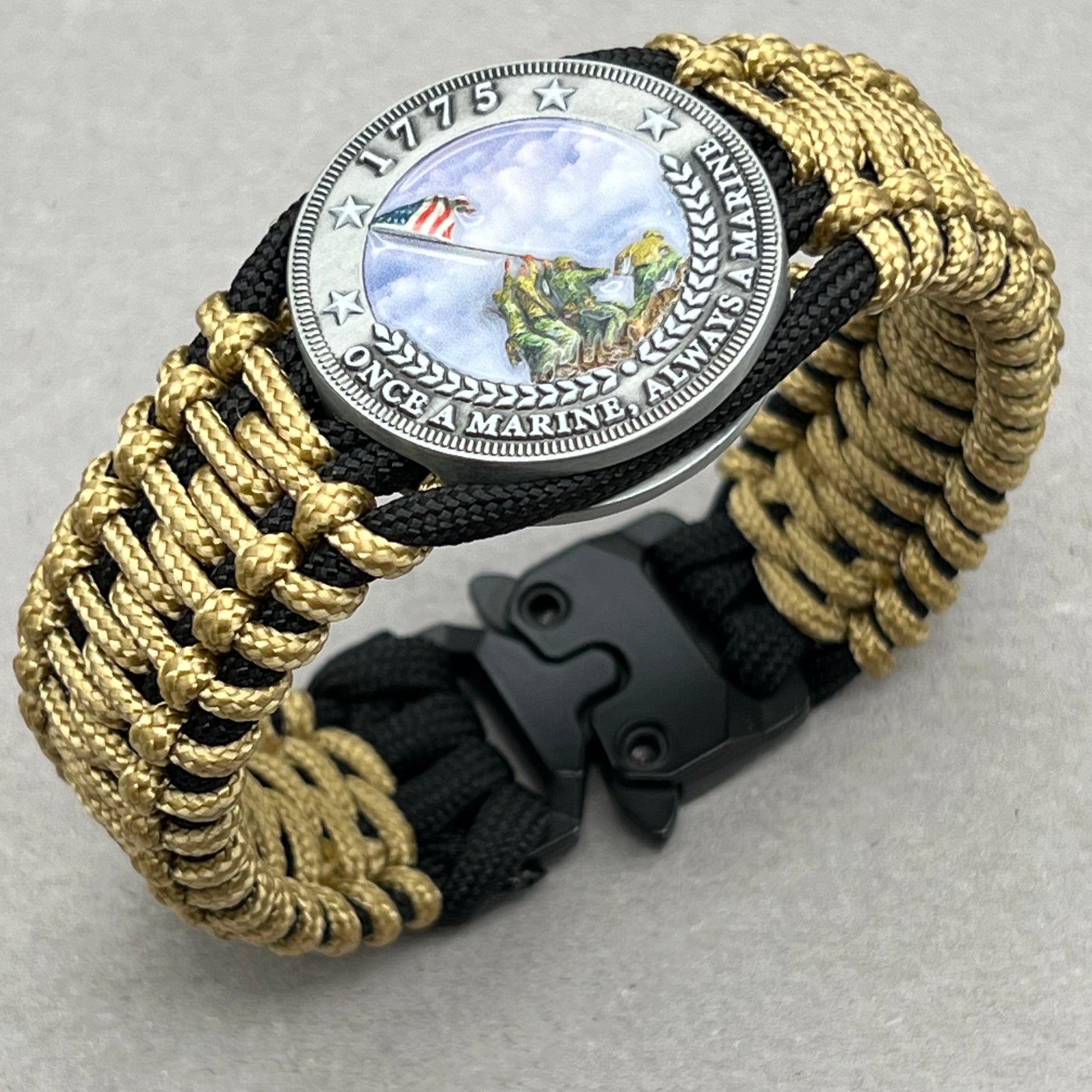 United States Marine Corps Iwo Jima handcrafted paracord bracelet. 3D UV printed injection molded beaded medallion.