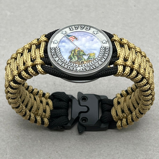 United States Marine Corps Iwo Jima handcrafted paracord bracelet. 3D UV printed injection molded beaded medallion.