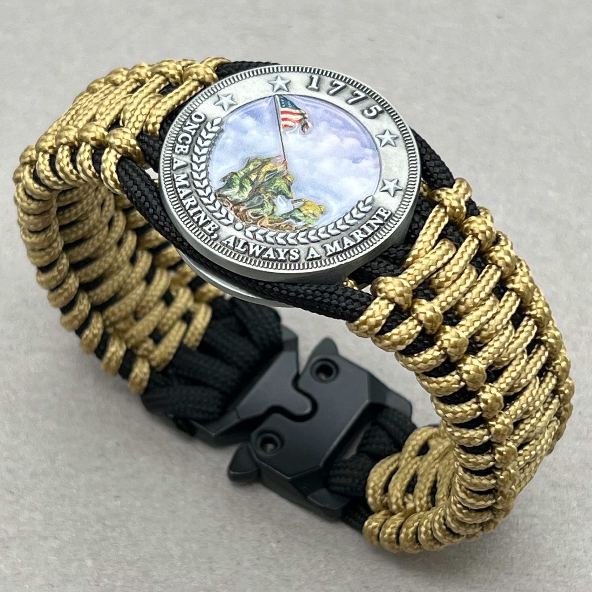 United States Marine Corps Iwo Jima handcrafted paracord bracelet. 3D UV printed injection molded beaded medallion.