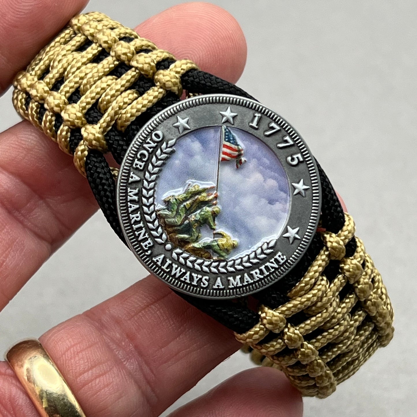 United States Marine Corps Iwo Jima handcrafted paracord bracelet. 3D UV printed injection molded beaded medallion.