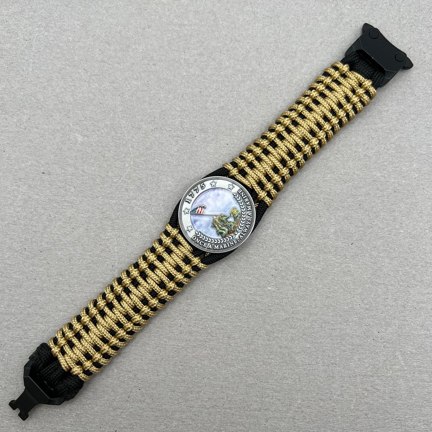 United States Marine Corps Iwo Jima handcrafted paracord bracelet. 3D UV printed injection molded beaded medallion.