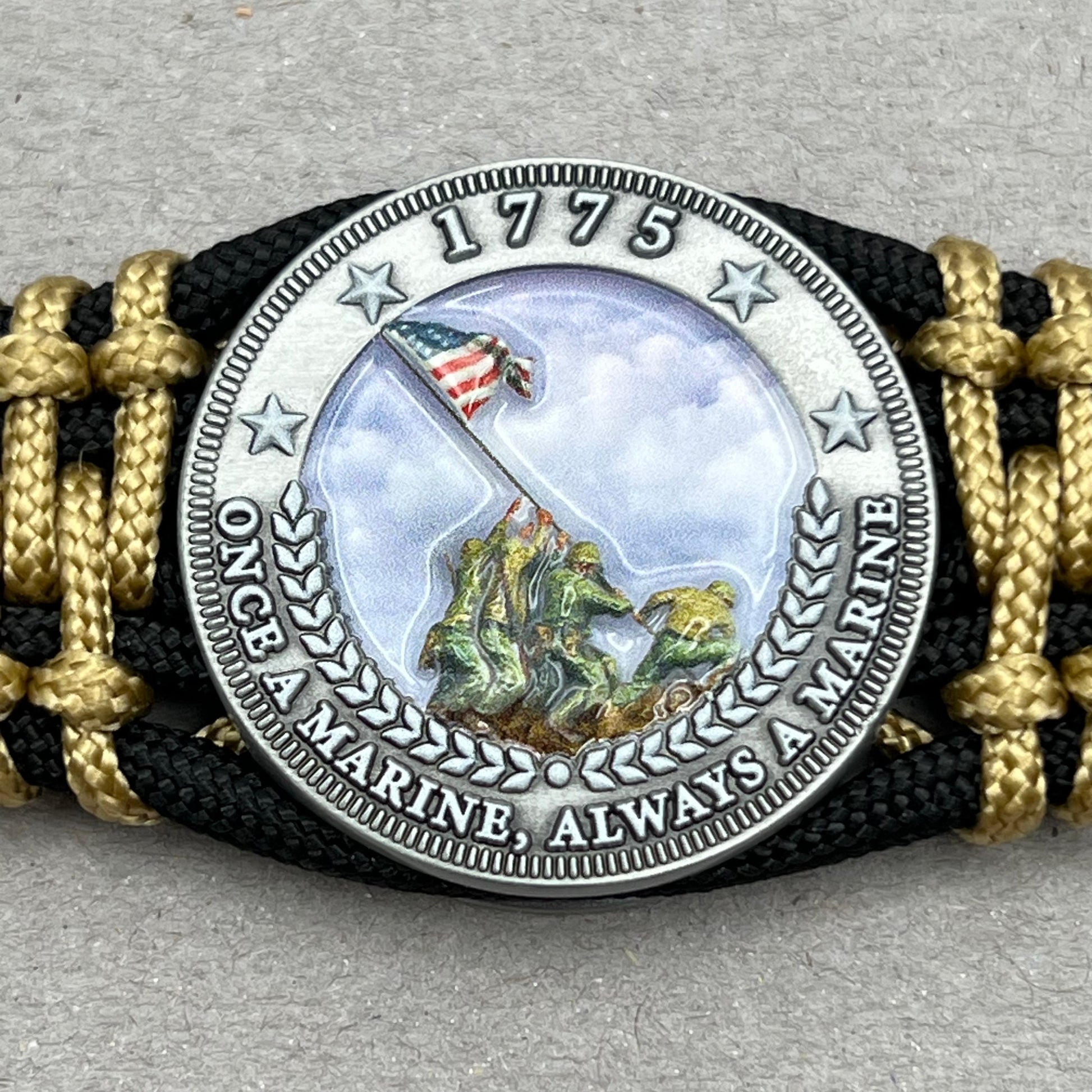 United States Marine Corps Iwo Jima handcrafted paracord bracelet. 3D UV printed injection molded beaded medallion.