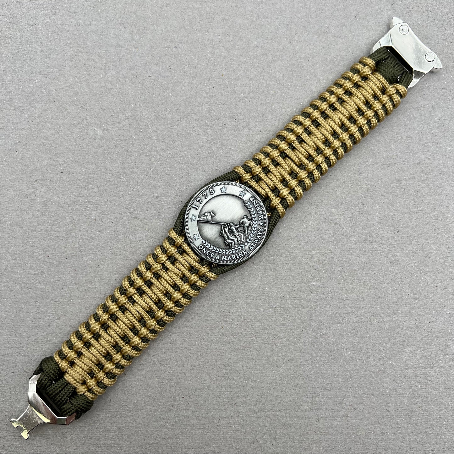 United States Marine Corps Iwo Jima handcrafted paracord bracelet. 3D UV printed injection molded beaded medallion.