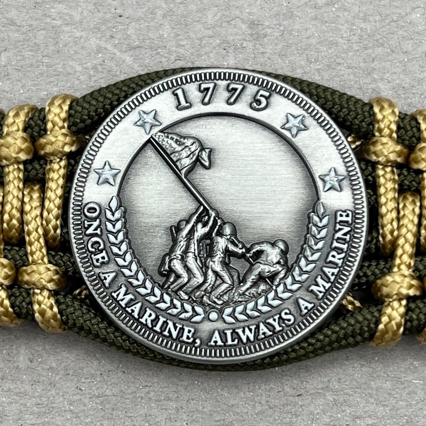 United States Marine Corps Iwo Jima handcrafted paracord bracelet. 3D UV printed injection molded beaded medallion.