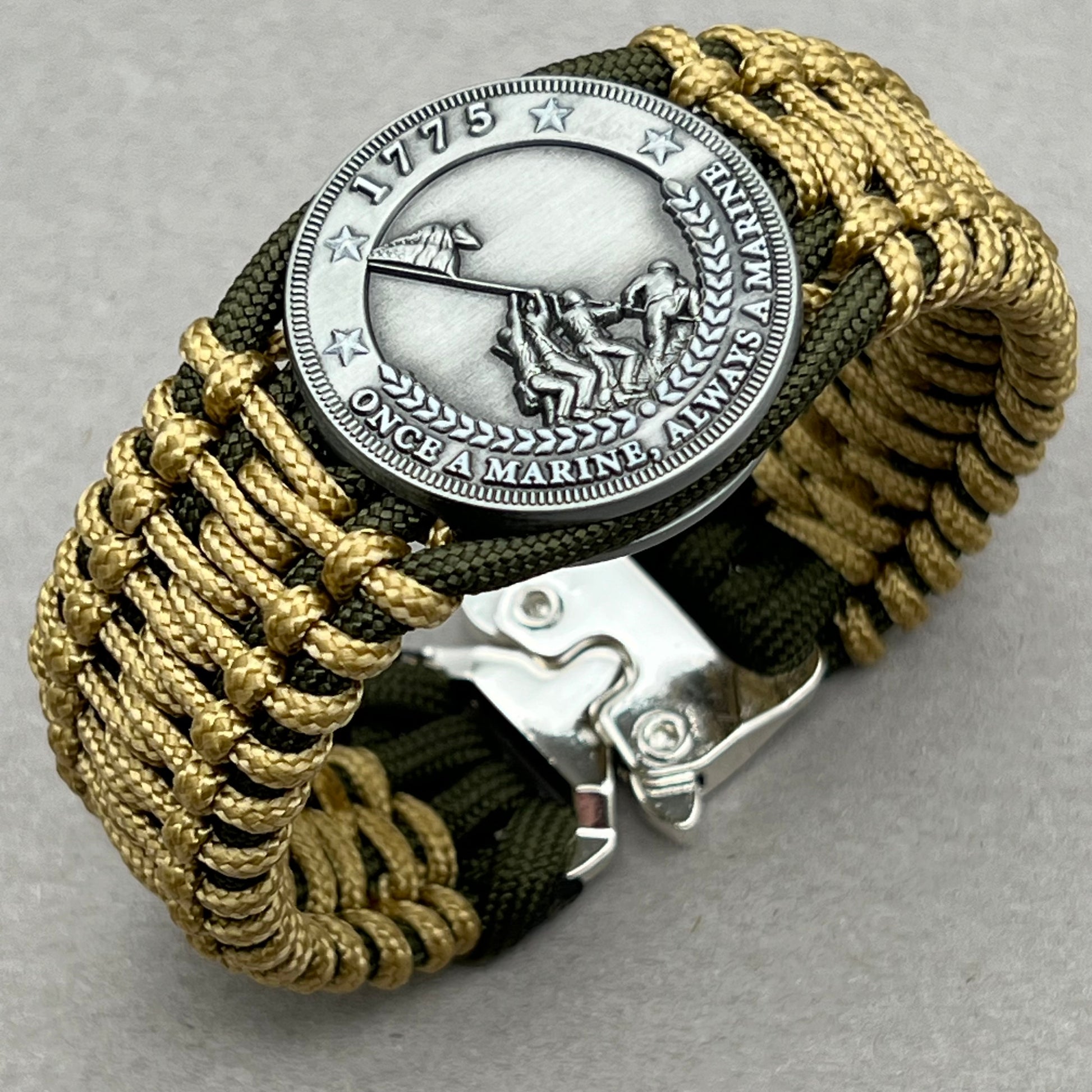 United States Marine Corps Iwo Jima handcrafted paracord bracelet. 3D UV printed injection molded beaded medallion.