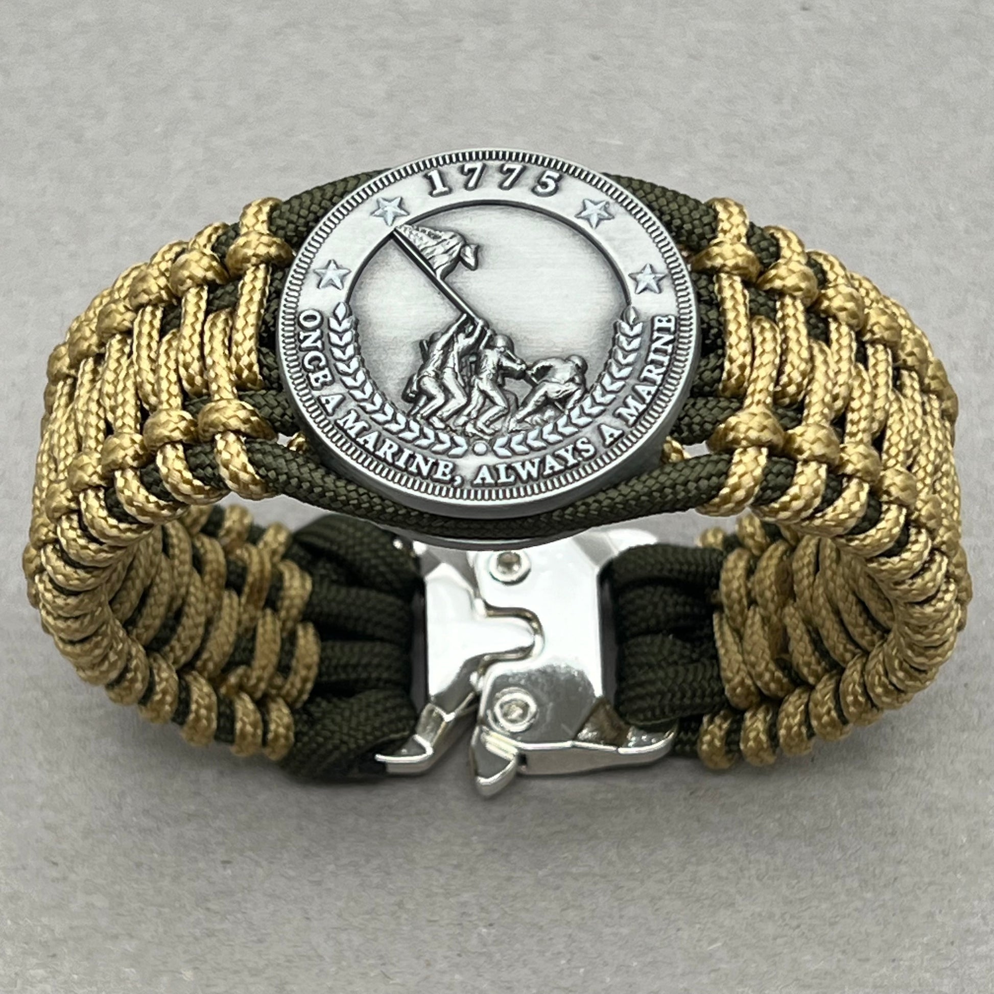 United States Marine Corps Iwo Jima handcrafted paracord bracelet. 3D UV printed injection molded beaded medallion.