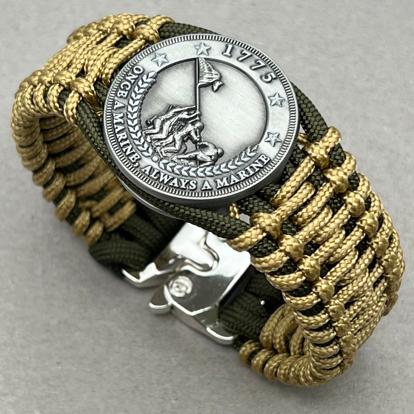 United States Marine Corps Iwo Jima handcrafted paracord bracelet. 3D UV printed injection molded beaded medallion.