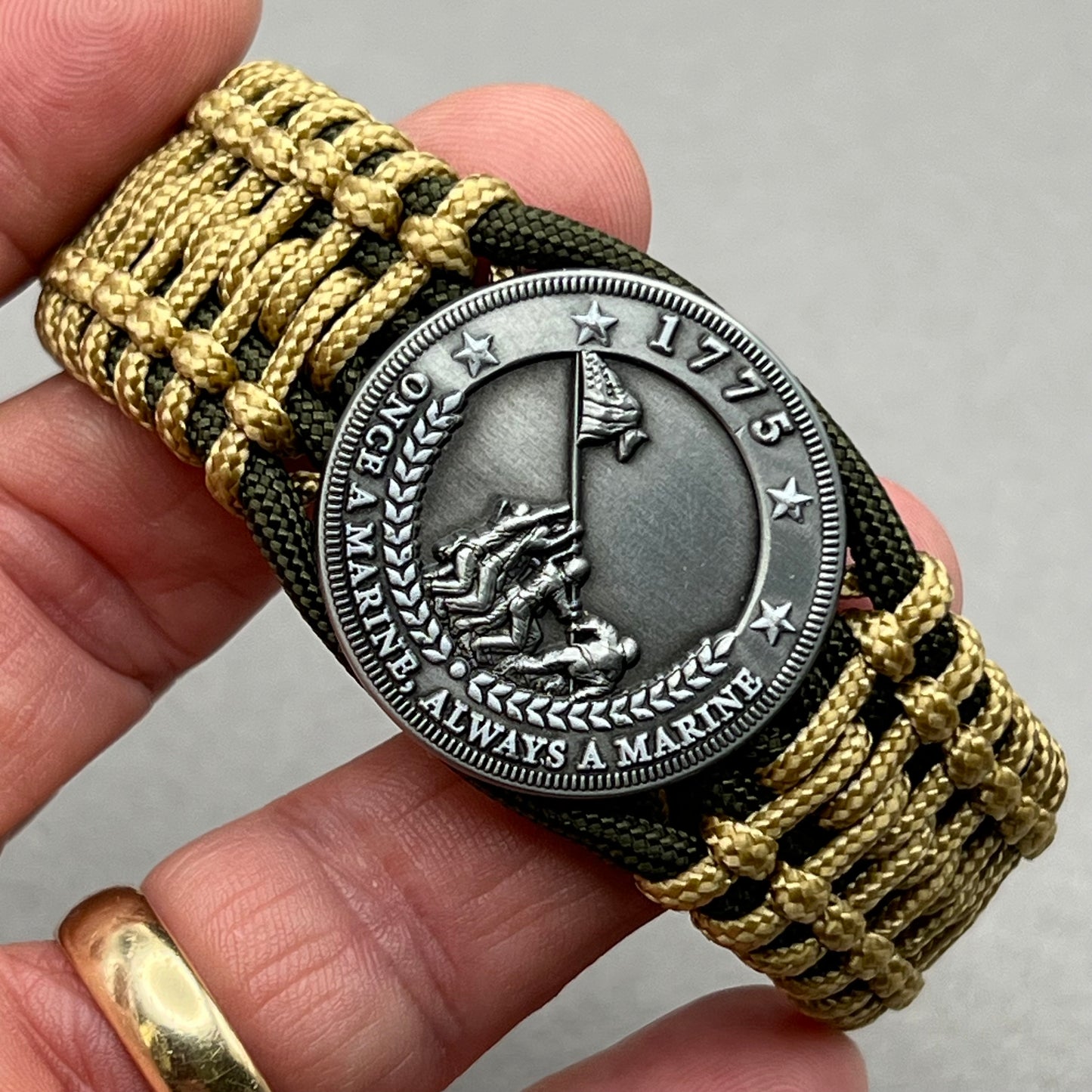 United States Marine Corps Iwo Jima handcrafted paracord bracelet. 3D UV printed injection molded beaded medallion.