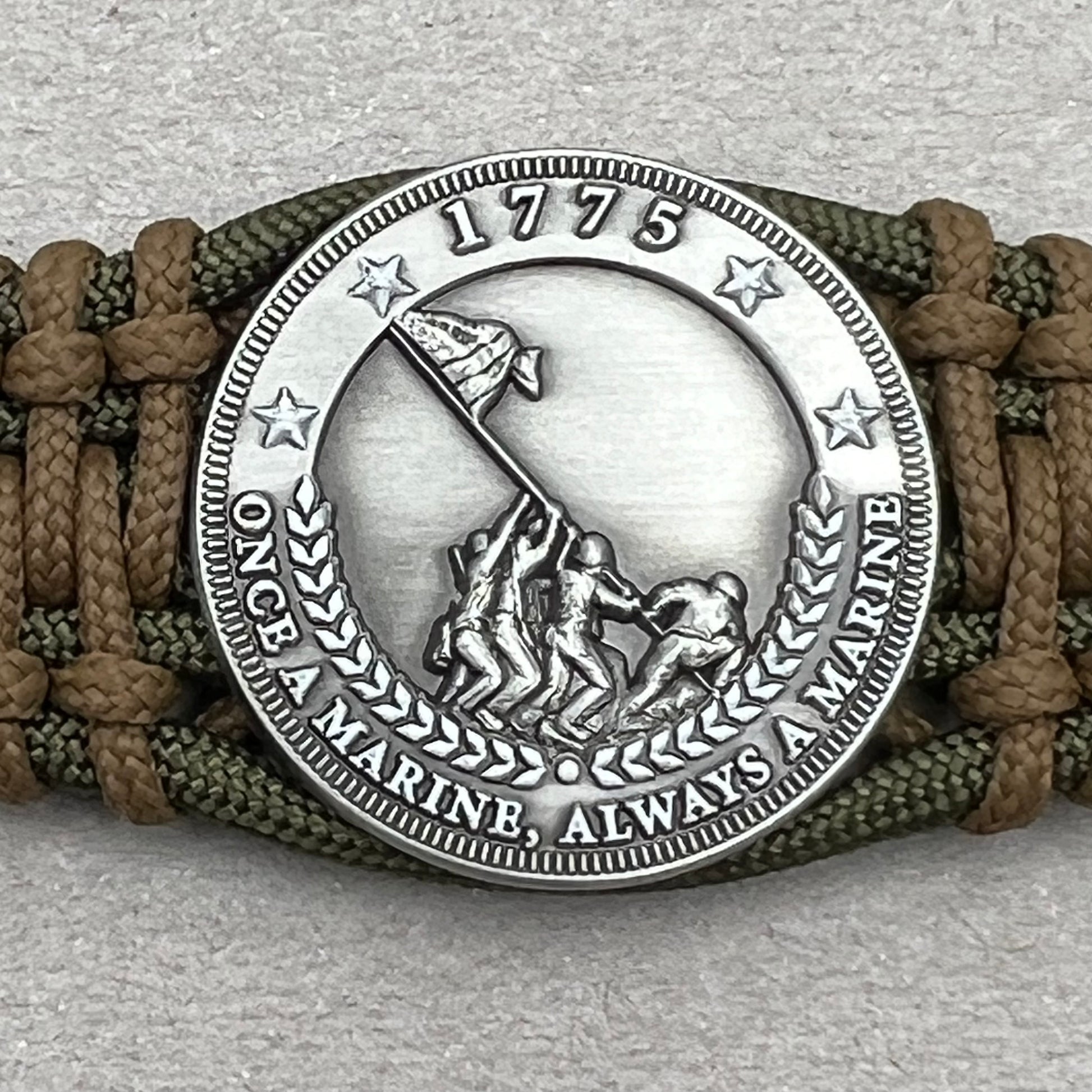 United States Marine Corps Iwo Jima handcrafted paracord bracelet. 3D UV printed injection molded beaded medallion.