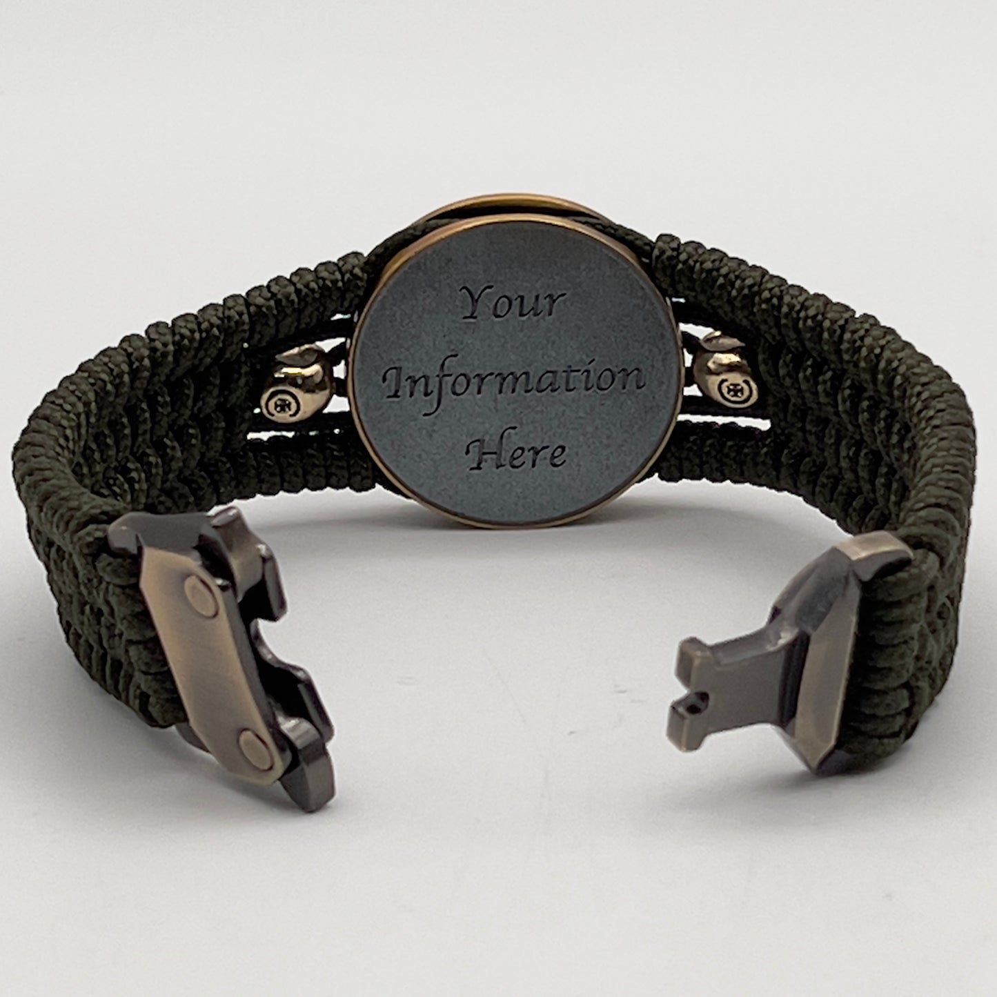 Thin, medium width, flexible and comfortable braided United States Marine Corps bracelet featuring a 24K antique gold plated USMC officer Eagle Globe and Anchor medallion, two gold plated skulls, a gold Cobra style tactical buckle and woven with Olive Drab Type-1 paracord.