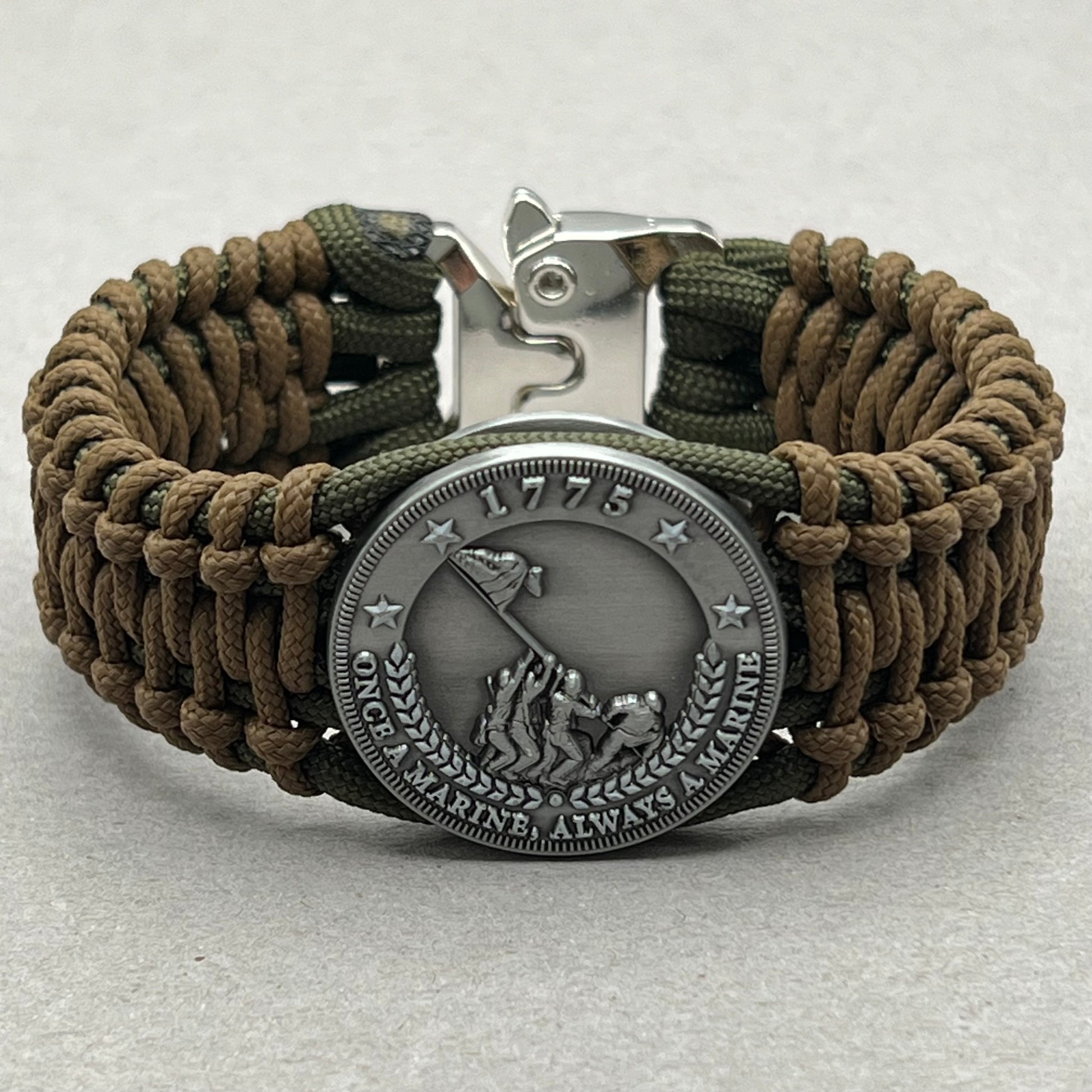 United States Marine Corps Iwo Jima handcrafted paracord bracelet. 3D UV printed injection molded beaded medallion.