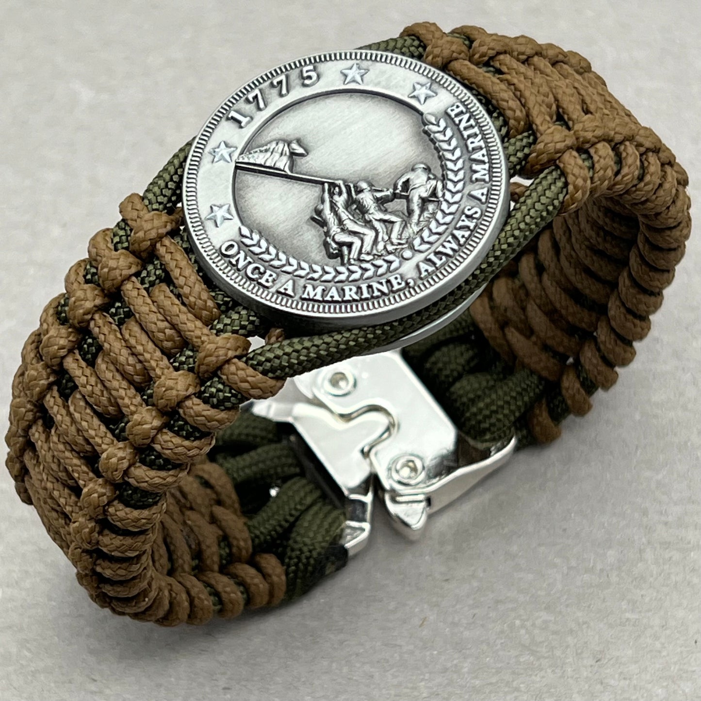 United States Marine Corps Iwo Jima handcrafted paracord bracelet. 3D UV printed injection molded beaded medallion.