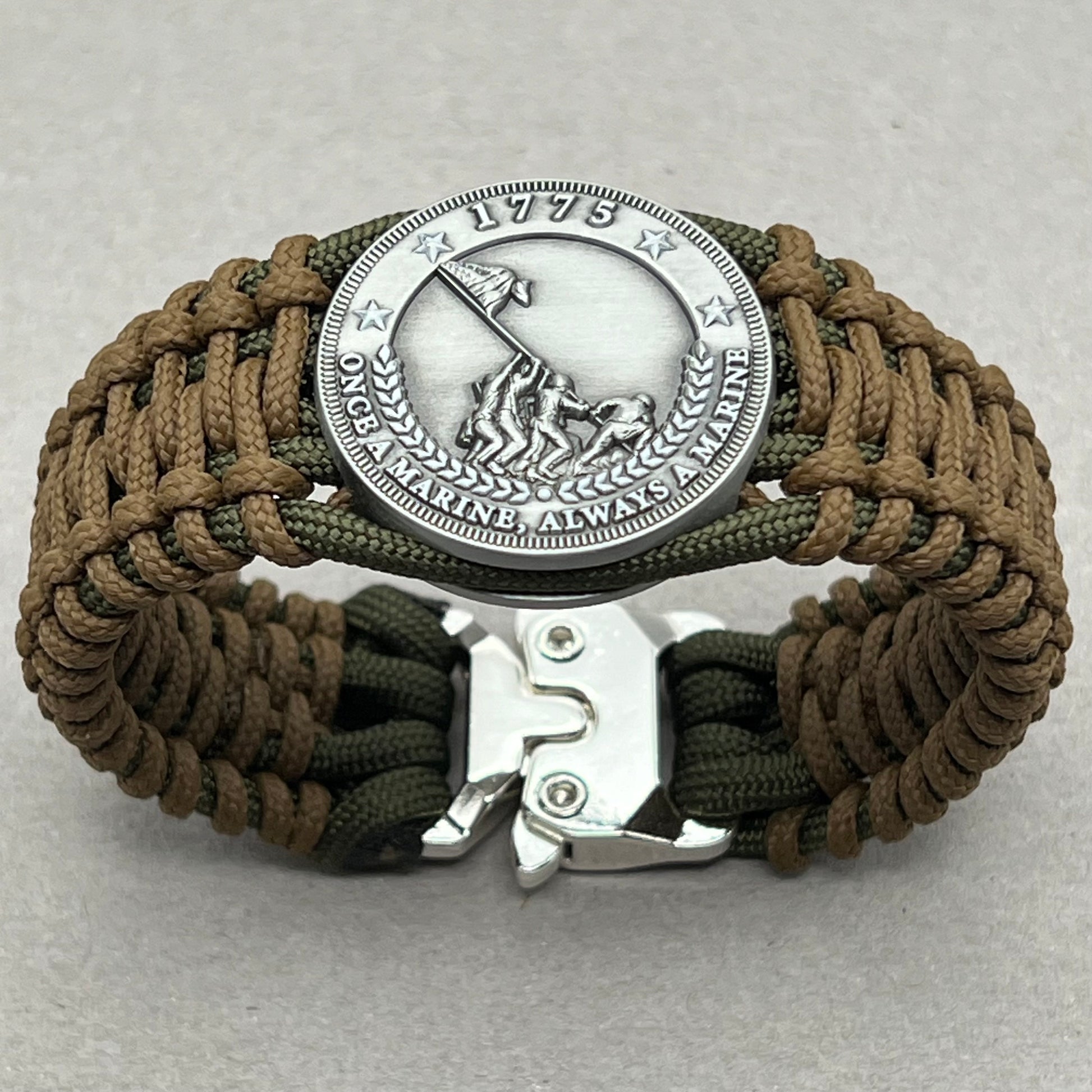 United States Marine Corps Iwo Jima handcrafted paracord bracelet. 3D UV printed injection molded beaded medallion.