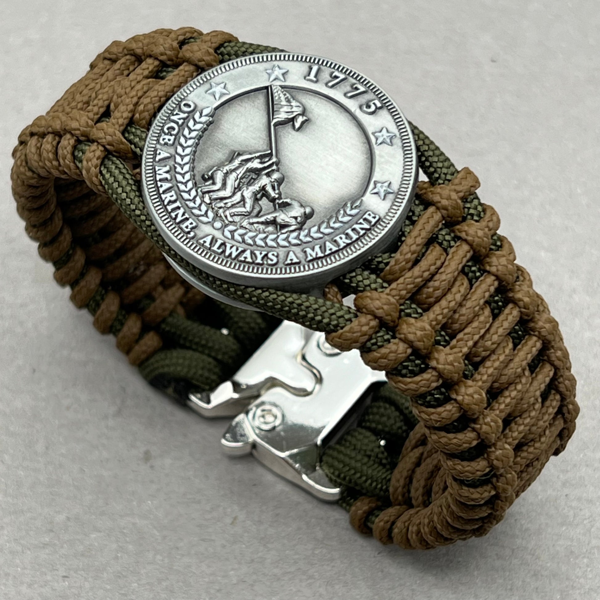 United States Marine Corps Iwo Jima handcrafted paracord bracelet. 3D UV printed injection molded beaded medallion.