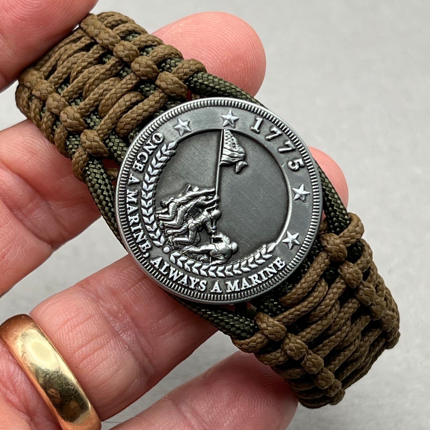 United States Marine Corps Iwo Jima handcrafted paracord bracelet. 3D UV printed injection molded beaded medallion.