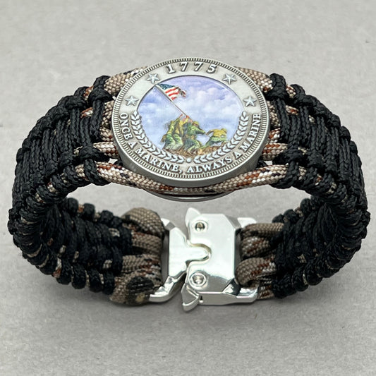 United States Marine Corps Iwo Jima handcrafted paracord bracelet. 3D UV printed injection molded beaded medallion.