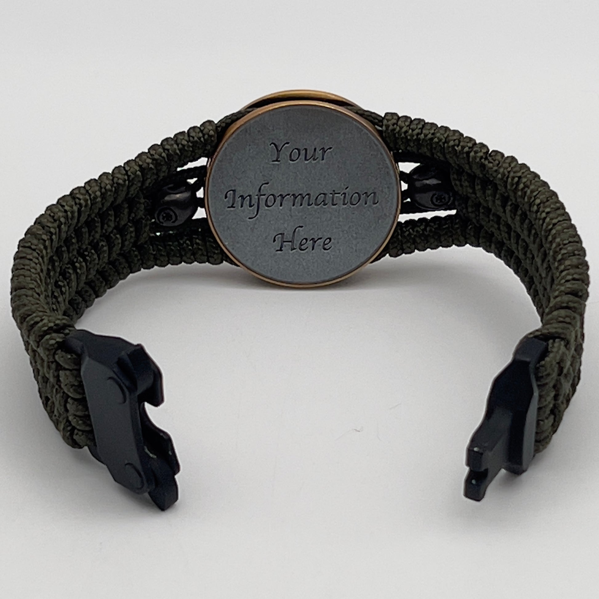 Thin, medium width, flexible and comfortable braided United States Marine Corps bracelet featuring a 24K antique gold plated USMC officer Eagle Globe and Anchor medallion, two black skulls, a black Cobra style tactical buckle and woven with Olive Drab Type-1 paracord.