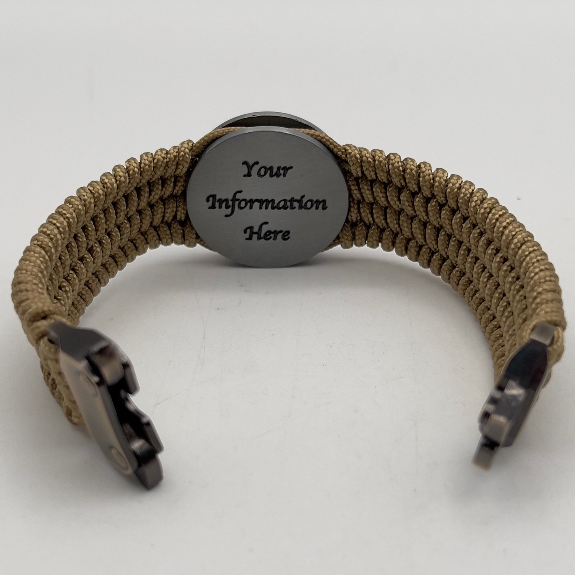 Thin, wide, flexible and comfortable braided United States Marine Corps Iwo Jima bracelet featuring an antique silver plated Iwo Jima flag raising medallion, a gold Cobra style tactical buckle and woven with gold Type-1 paracord.