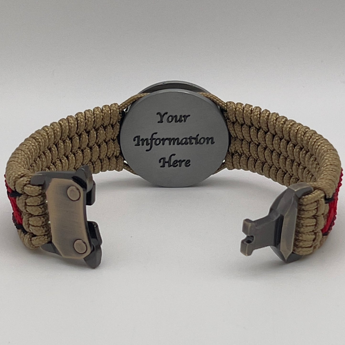 Thin, medium width, flexible and comfortable braided United States Marine Corps Iwo Jima bracelet featuring a UV painted antique silver plated Iwo Jima flag raising medallion, a gold Cobra style tactical buckle and woven with gold Type-1 paracord and Imperial Red and black nano cord.