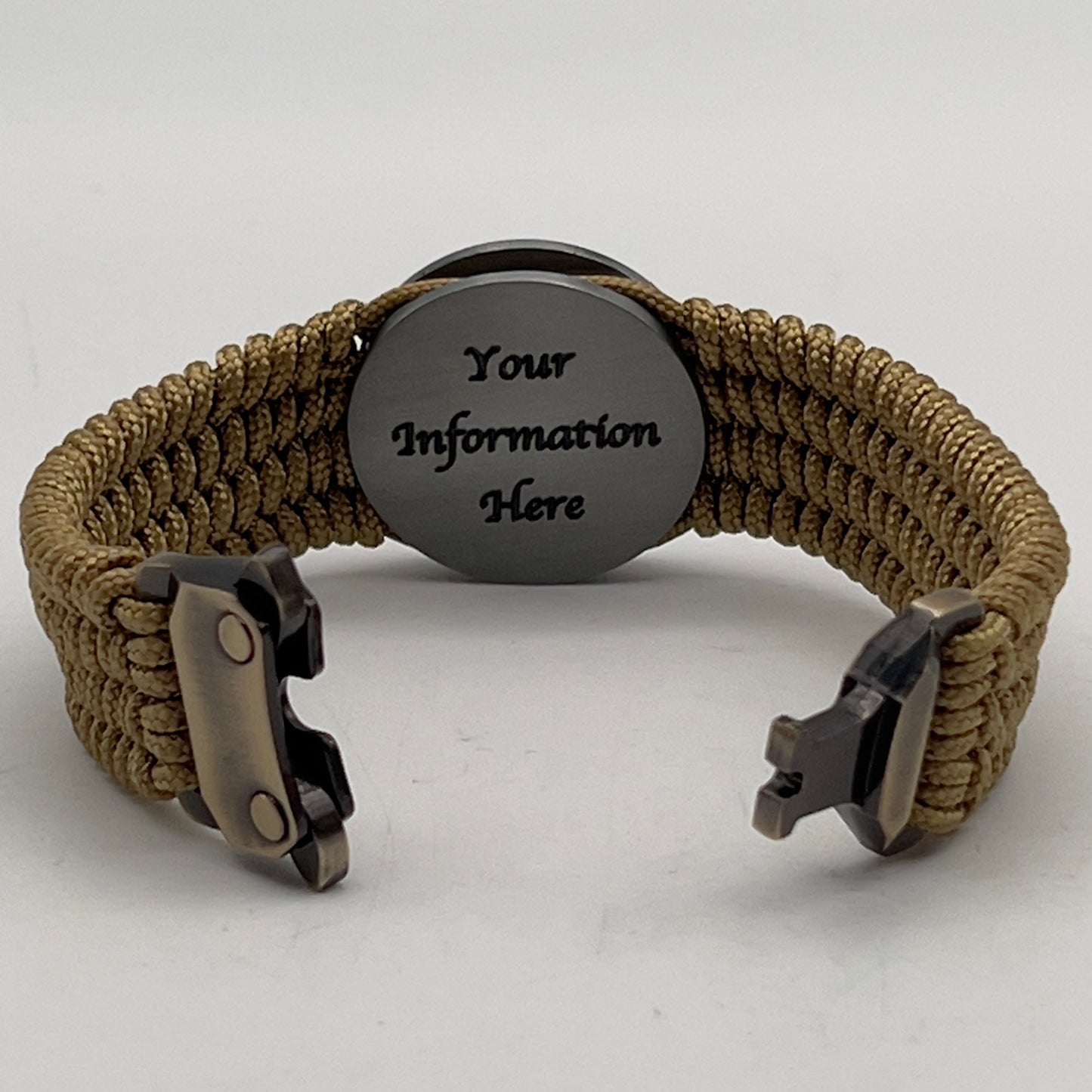 Thin, wide, flexible and comfortable braided United States Marine Corps Iwo Jima bracelet featuring an antique silver plated Iwo Jima flag raising medallion, a gold Cobra style tactical buckle and woven with gold Type-1 paracord.