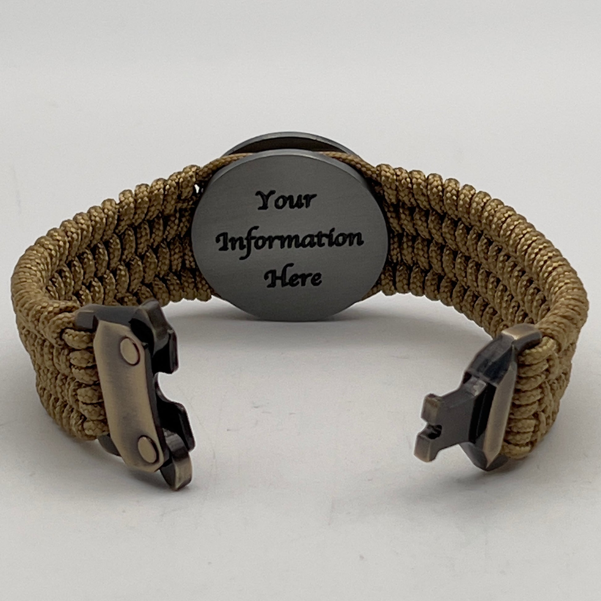 Thin, wide, flexible and comfortable braided United States Marine Corps Iwo Jima bracelet featuring an antique silver plated Iwo Jima flag raising medallion, a gold Cobra style tactical buckle and woven with gold Type-1 paracord.