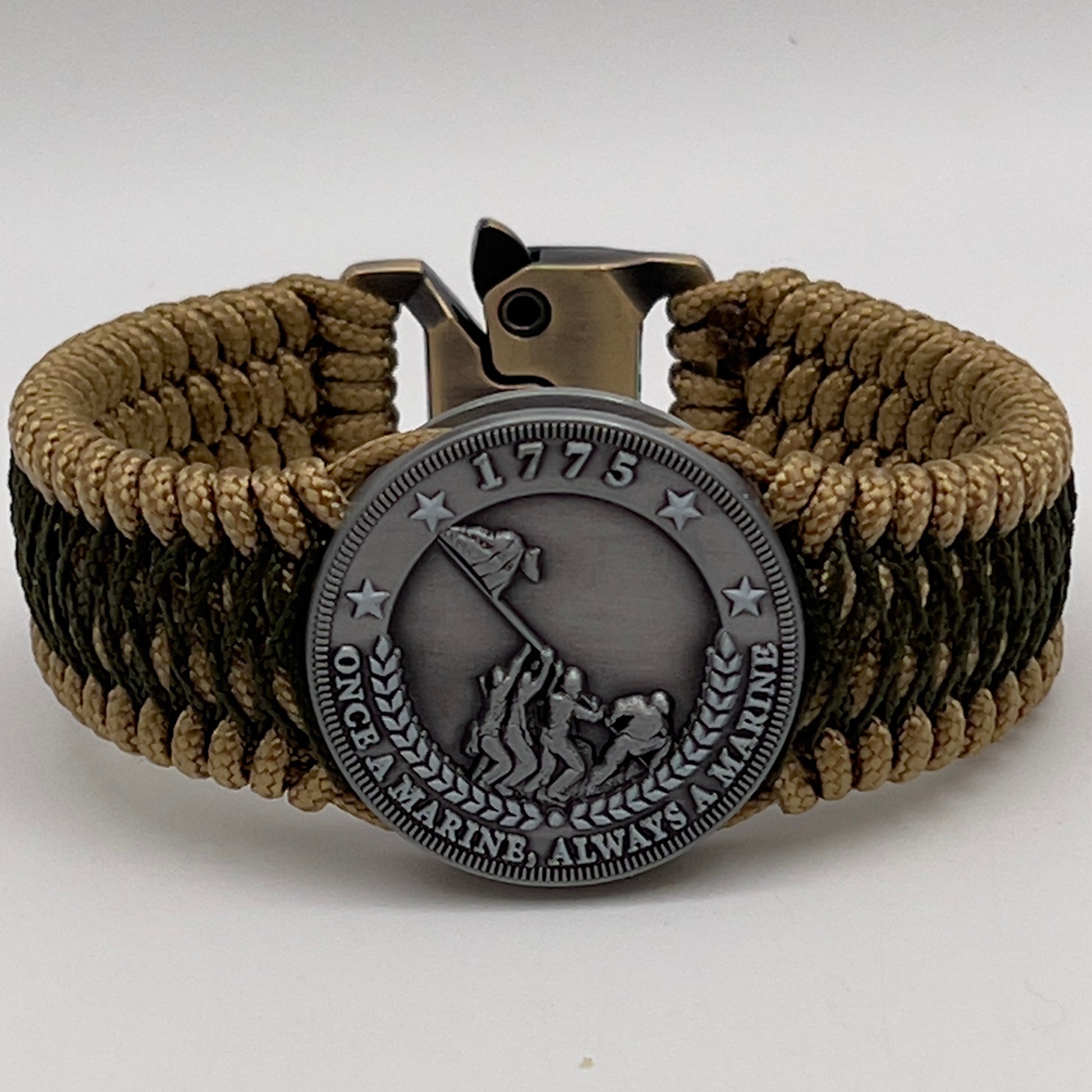 Thin, wide, flexible and comfortable braided United States Marine Corps Iwo Jima bracelet featuring an antique silver plated Iwo Jima flag raising medallion, a gold Cobra style tactical buckle and woven with gold Type-1 paracord and Olive Drab nano cord.
