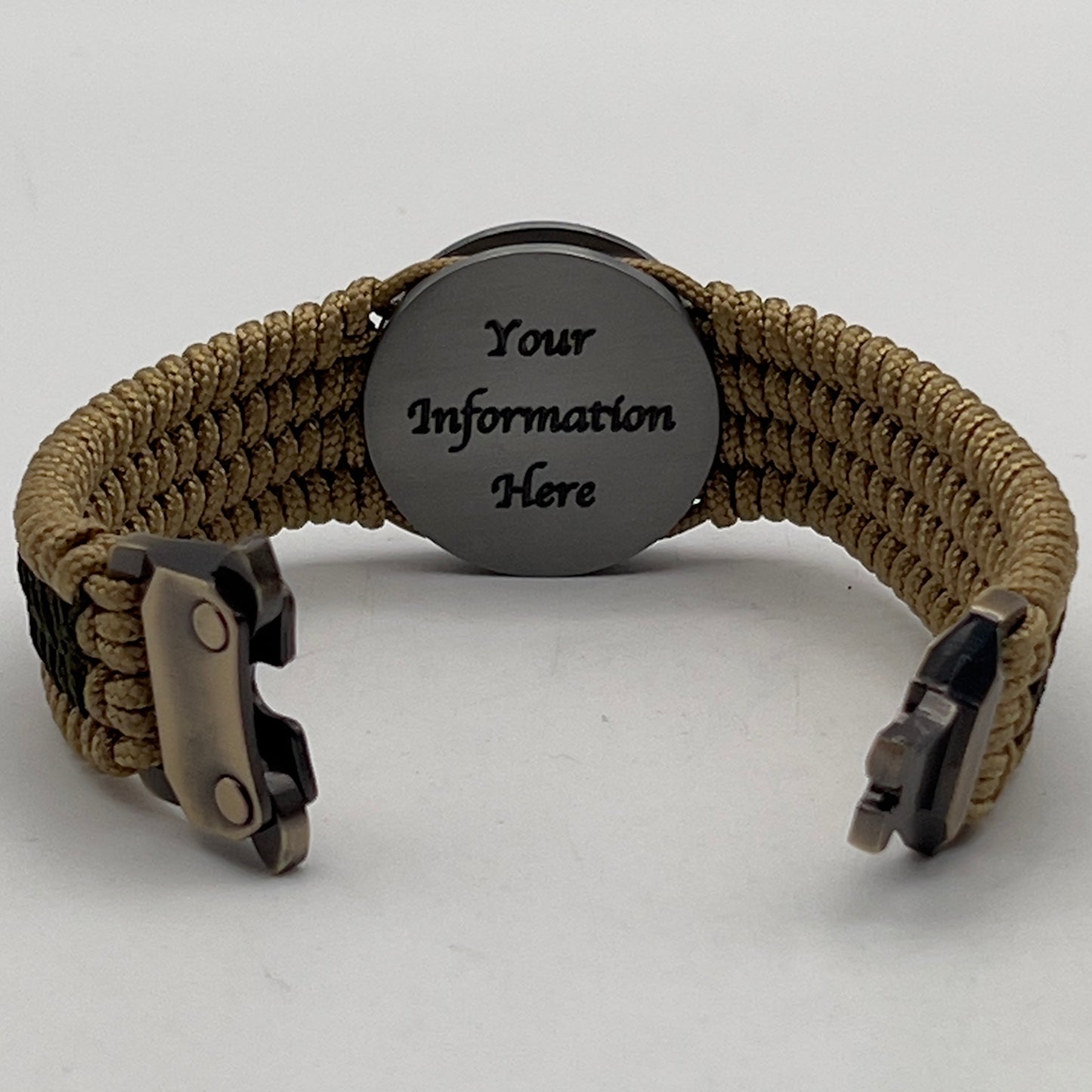 Thin, wide, flexible and comfortable braided United States Marine Corps Iwo Jima bracelet featuring an antique silver plated Iwo Jima flag raising medallion, a gold Cobra style tactical buckle and woven with gold Type-1 paracord and Olive Drab nano cord.