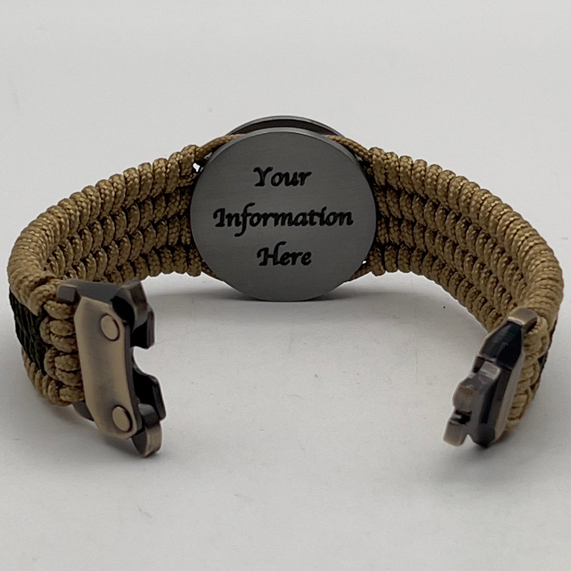 Thin, wide, flexible and comfortable braided United States Marine Corps Iwo Jima bracelet featuring an antique silver plated Iwo Jima flag raising medallion, a gold Cobra style tactical buckle and woven with gold Type-1 paracord and Olive Drab nano cord.