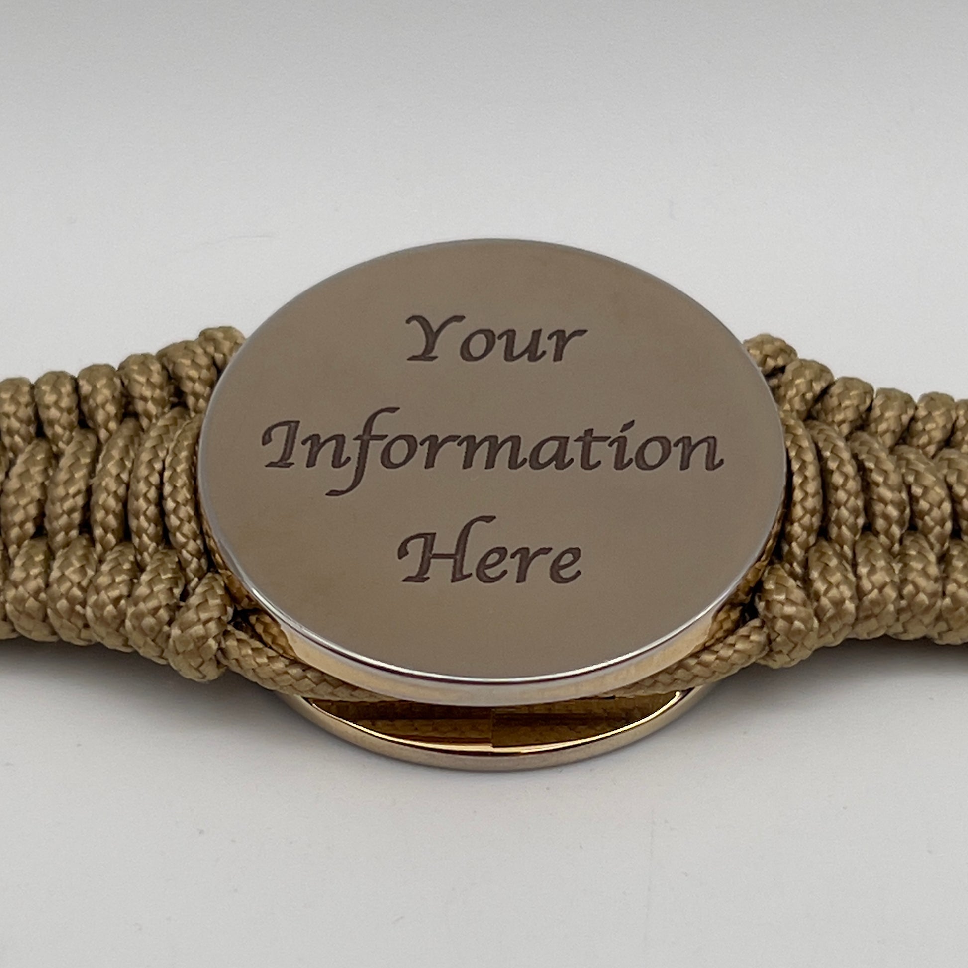 Thick, narrow, flexible and comfortable braided United States Marine Corps bracelet featuring a 24K gold plated USMC officer Eagle Globe and Anchor medallion, a gold Cobra style tactical buckle and woven with gold Type-1 paracord.