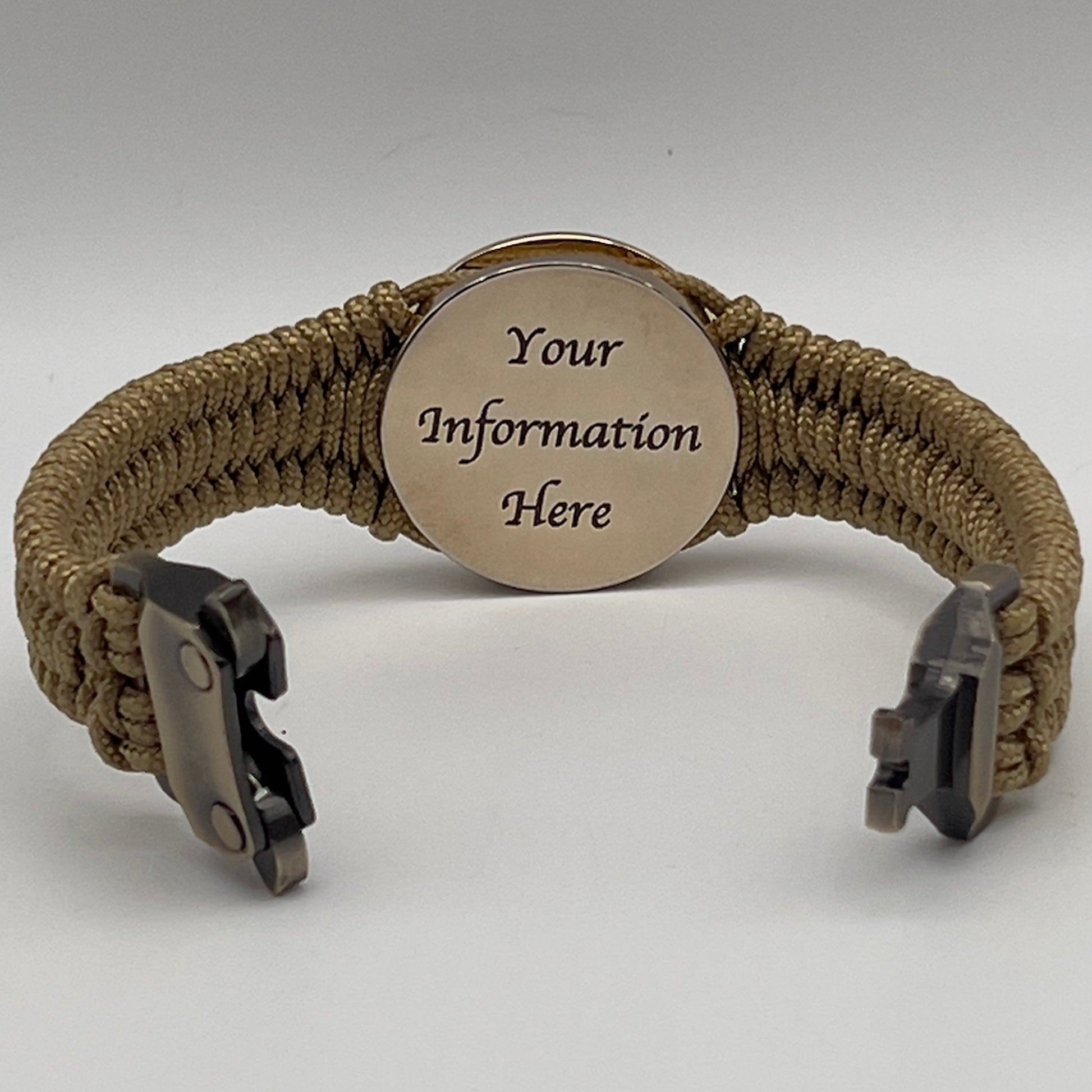 Thick, narrow, flexible and comfortable braided United States Marine Corps bracelet featuring a 24K gold plated USMC officer Eagle Globe and Anchor medallion, a gold Cobra style tactical buckle and woven with gold Type-1 paracord.