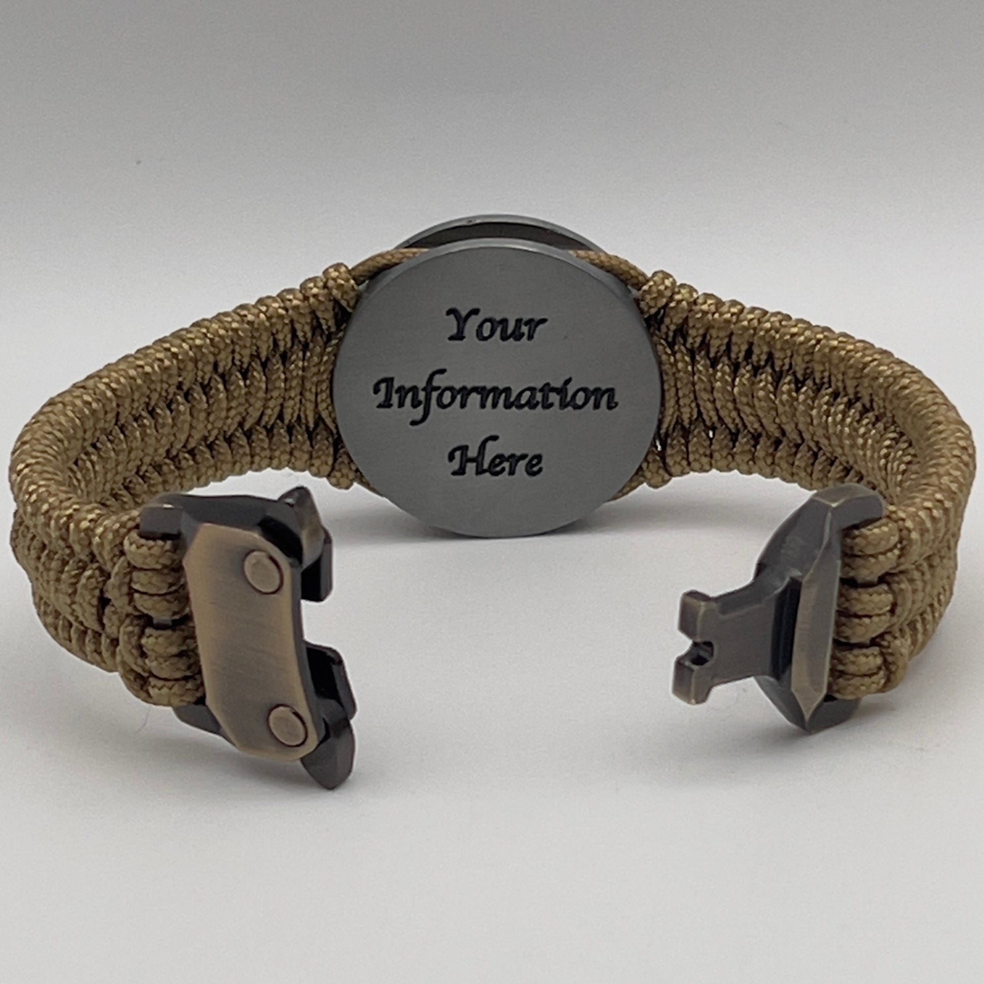 Thin, narrow, flexible and comfortable braided United States Marine Corps Iwo Jima bracelet featuring an antique silver plated UV painted Iwo Jima flag raising medallion, a gold Cobra style tactical buckle and woven with gold type-1 paracord.
