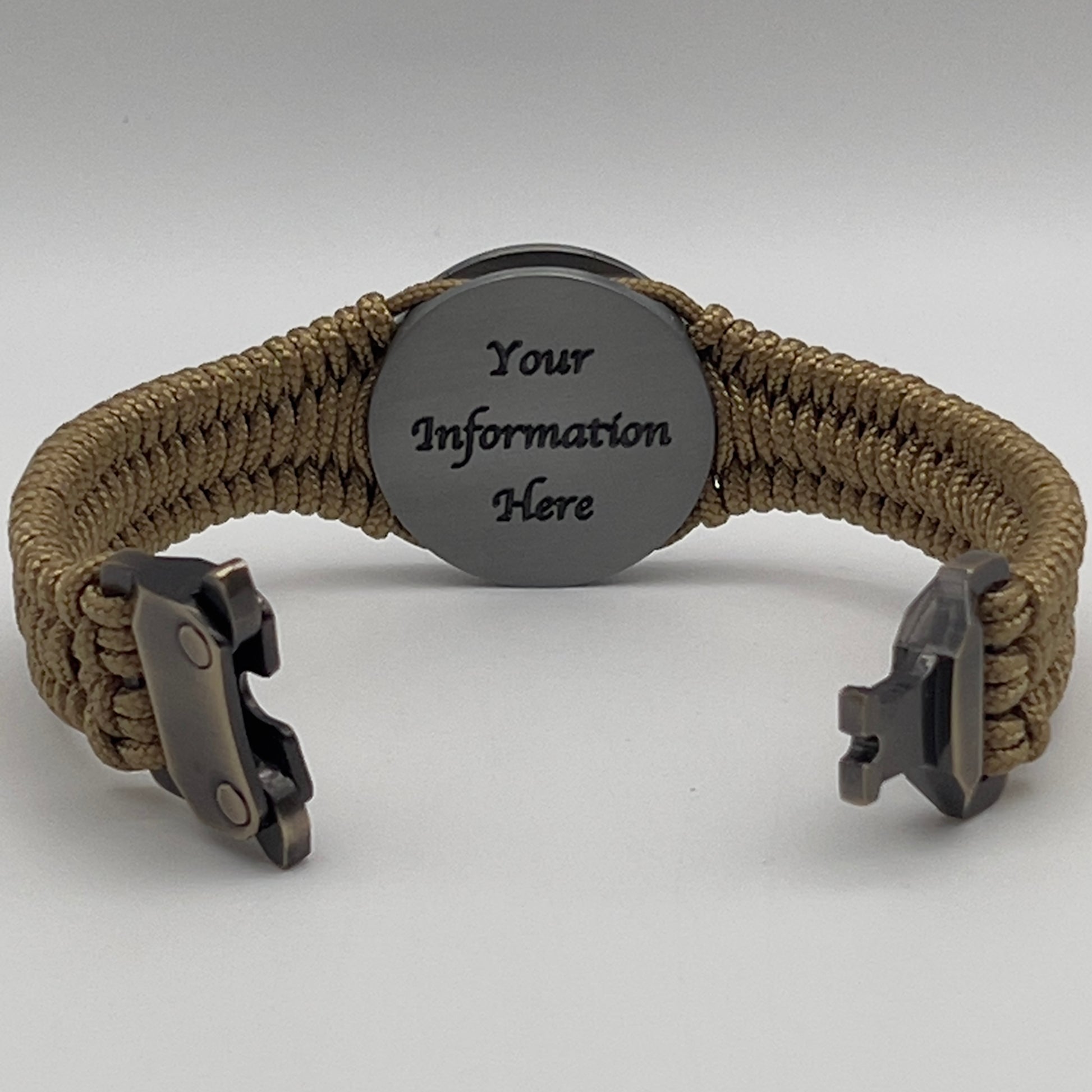 Thin, narrow, flexible and comfortable braided United States Marine Corps Iwo Jima bracelet featuring an antique silver plated Iwo Jima flag raising medallion, a gold Cobra style tactical buckle and woven with gold type-1 paracord.