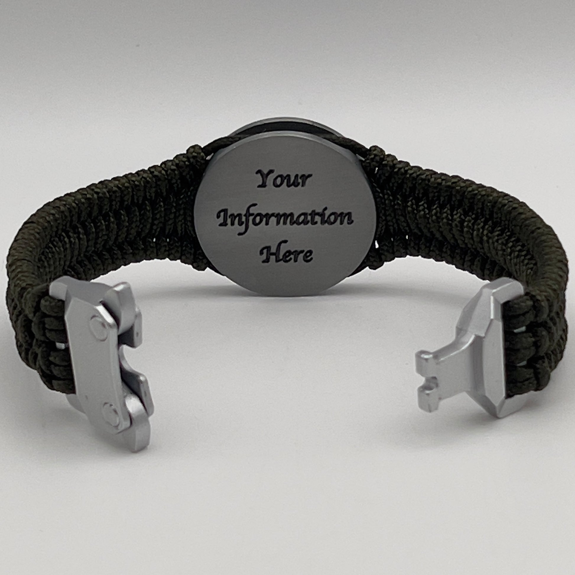 Thin, narrow, flexible and comfortable braided United States Marine Corps Iwo Jima bracelet featuring an antique silver plated UV painted Iwo Jima flag raising medallion, a silver Cobra style tactical buckle and woven with Olive Drab type-1 paracord.