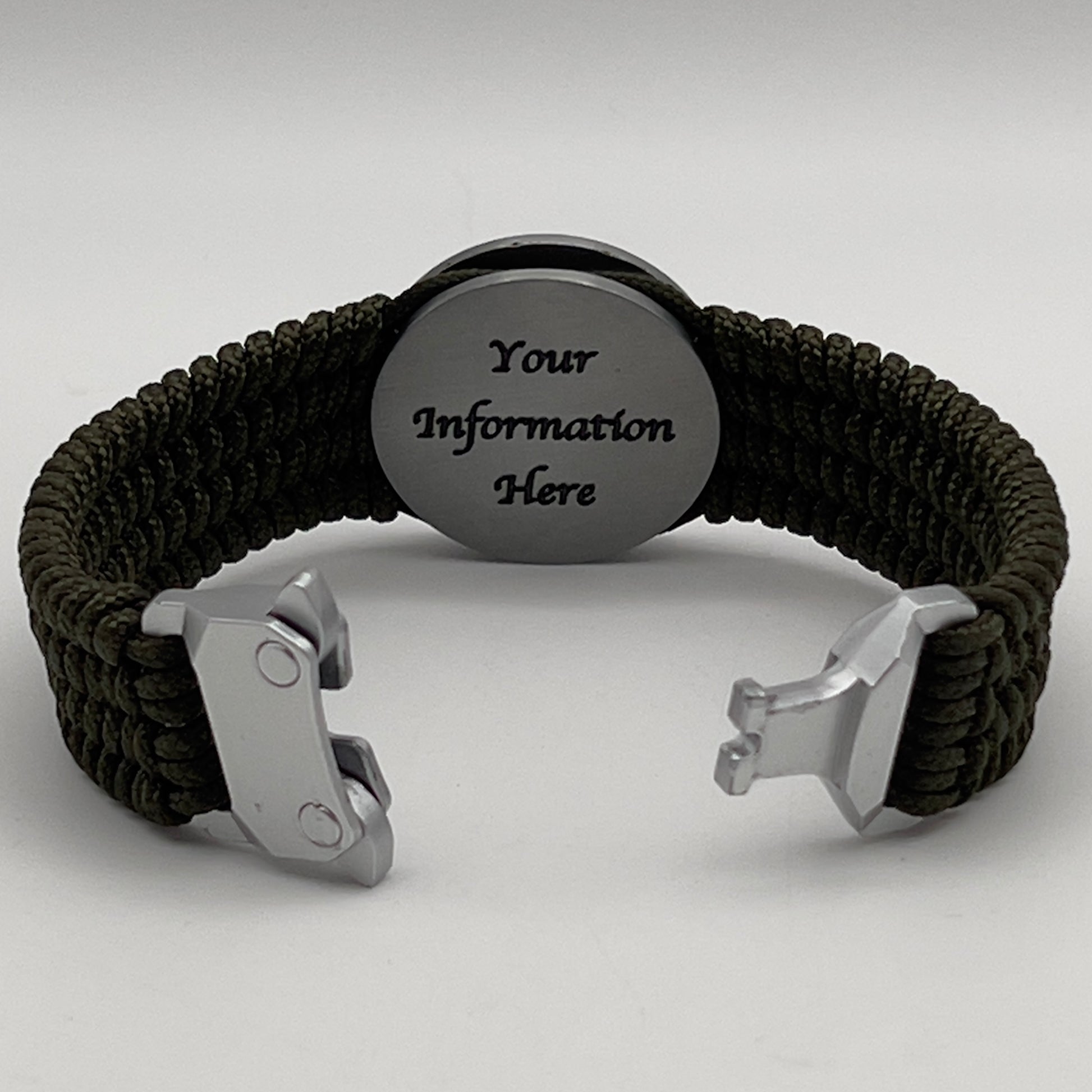 Thin, wide, flexible and comfortable braided United States Marine Corps Iwo Jima bracelet featuring an antique silver plated UV painted Iwo Jima flag raising medallion, a silver Cobra style tactical buckle and woven with olive drab Type-1 paracord.